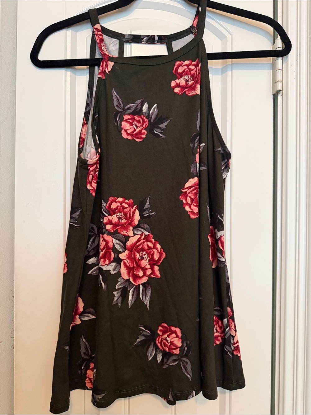 nine britton Black Tank Top with Red Floral Print